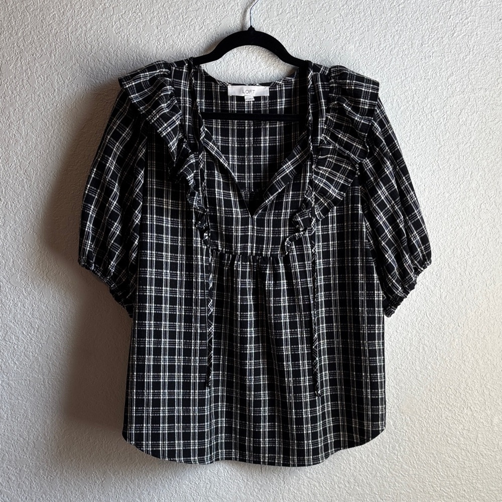 Loft Black and White Plaid Ruffle Top